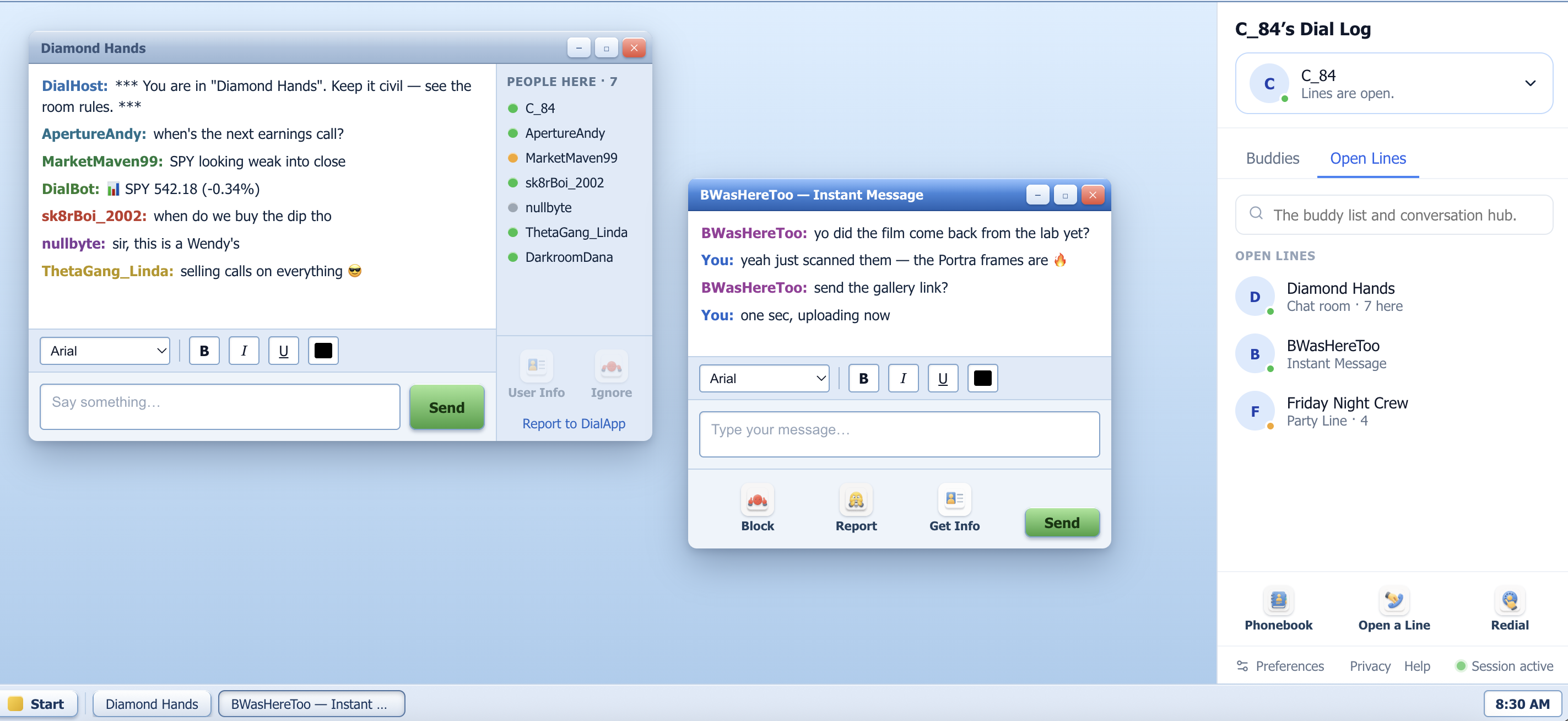 The DialApp interface showing live rooms and buddies with presence indicators.